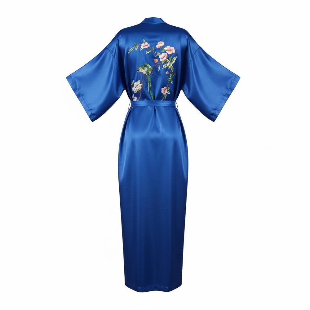 Pearls Royal Blue 100% Silk Hand Embroidered Parrot Floral Kimono Robe